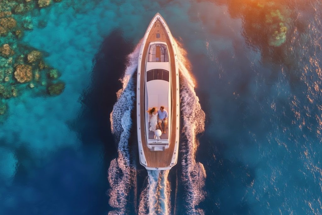 couple enjoying luxury yacht charter sunset experience