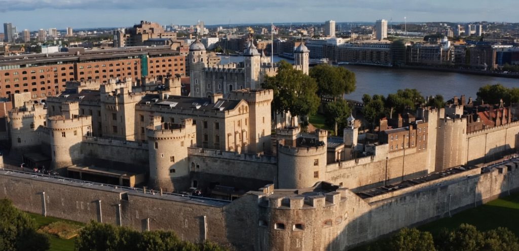 “Aerial view of Tower of London, historic medieval fortress with stone walls and towers beside the River Thames, surrounded by the modern London skyline under a partly cloudy sky.”
