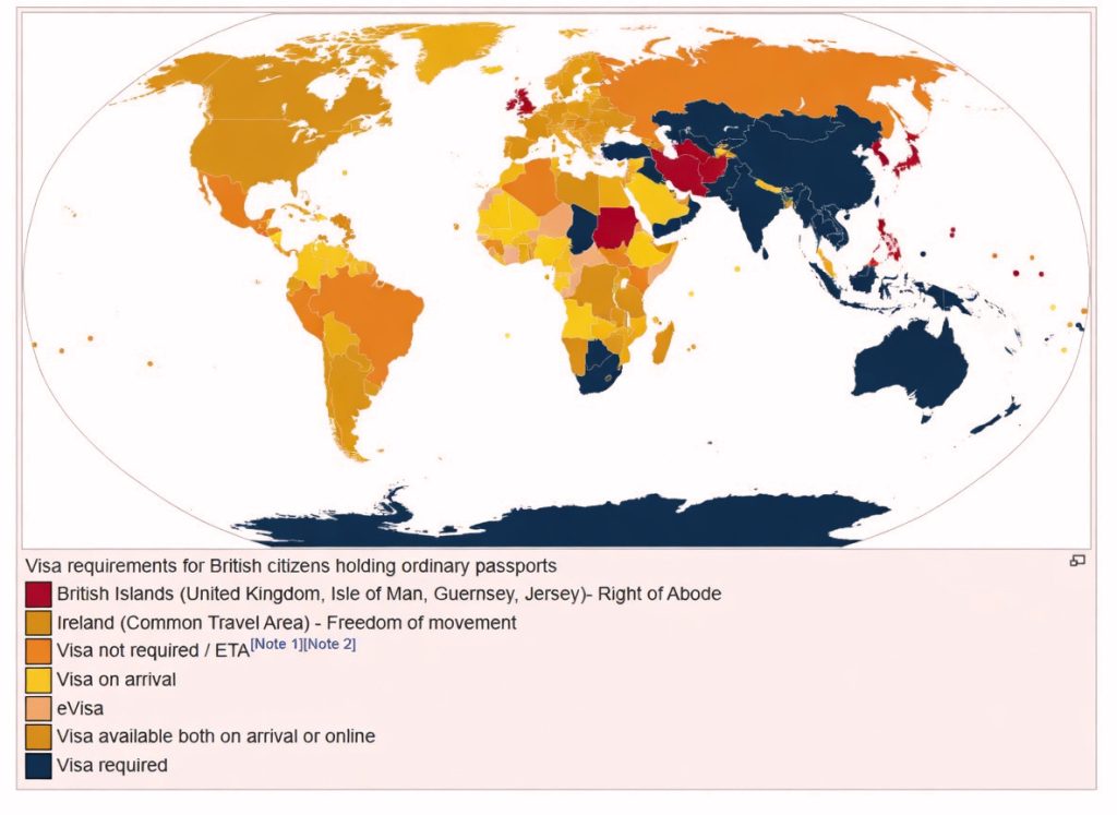SEO alt text:World map showing visa requirements for British citizens by country, color-coded to indicate visa-free travel, visa on arrival, eVisa, and visa-required destinations worldwide.
