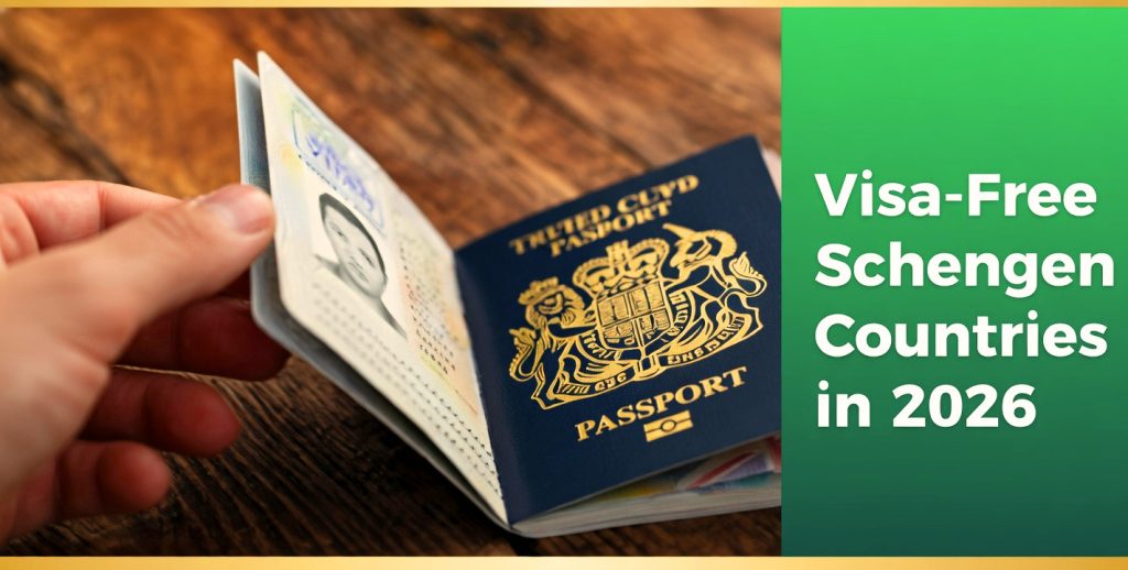 SEO alt text:Hand holding an Australian passport with text overlay “Visa-Free Schengen Countries in 2026,” representing travel access and visa-free entry to Schengen Area countries.
